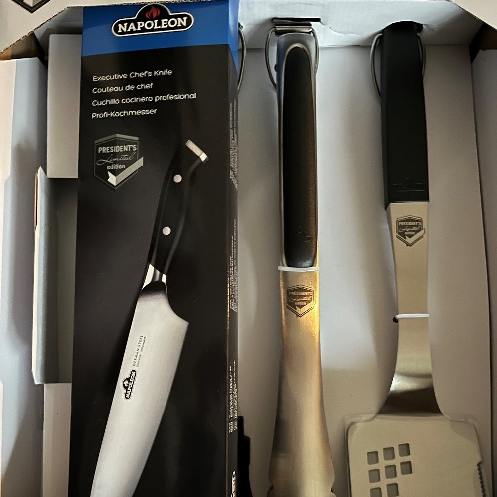 BBQ UTENTILS INCLUDING AN EXECUTIVE CHEF'S KNIFE